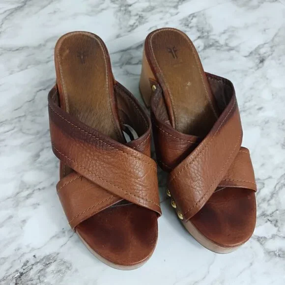 FRYE Womens Fiona Slide Cross Strap Dress Sandals Brown Leather Size 7M - Picture 7 of 14